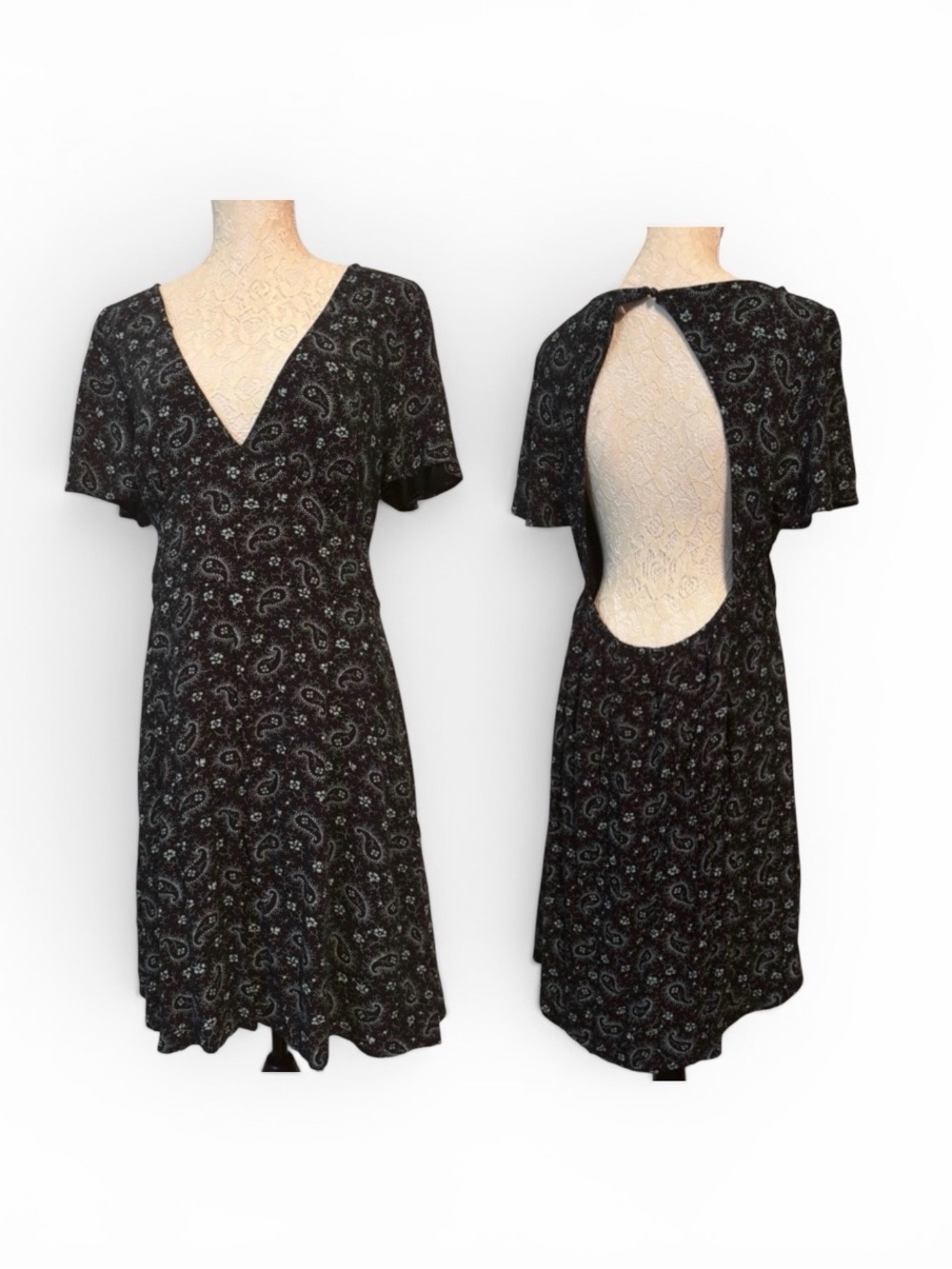 bp Navy Blue Paisley V-Neck Midi Dress with Light Blue Accents